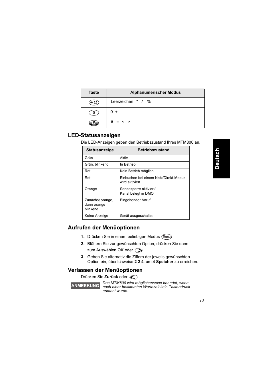 Led-statusanzeigen, Aufrufen der menüoptionen, Verlassen der menüoptionen | De uts c h led-statusanzeigen | Motorola TETRA MTM800 User Manual | Page 45 / 168