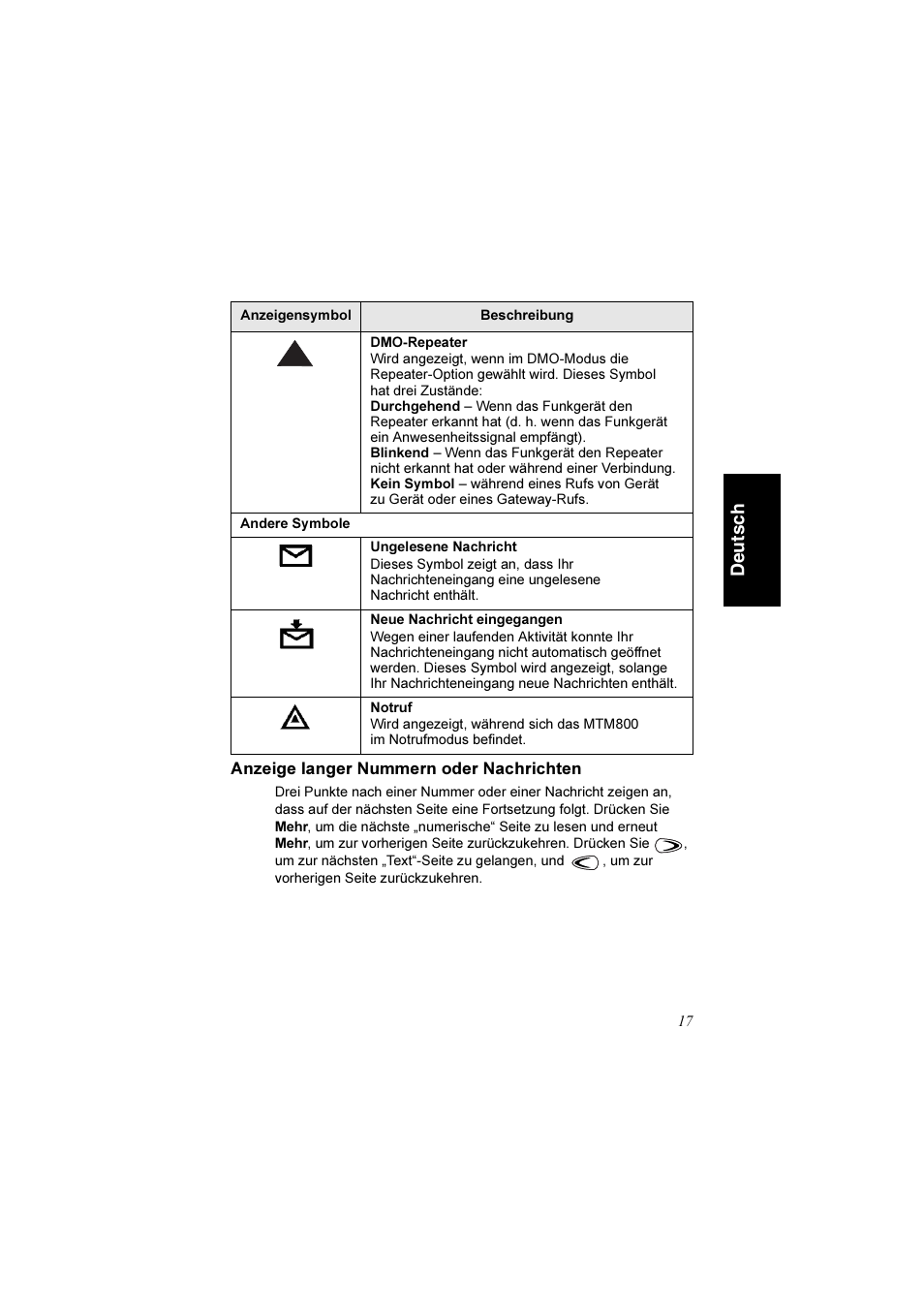 Anzeige langer nummern oder nachrichten, De uts c h | Motorola TETRA MTM800 User Manual | Page 49 / 168