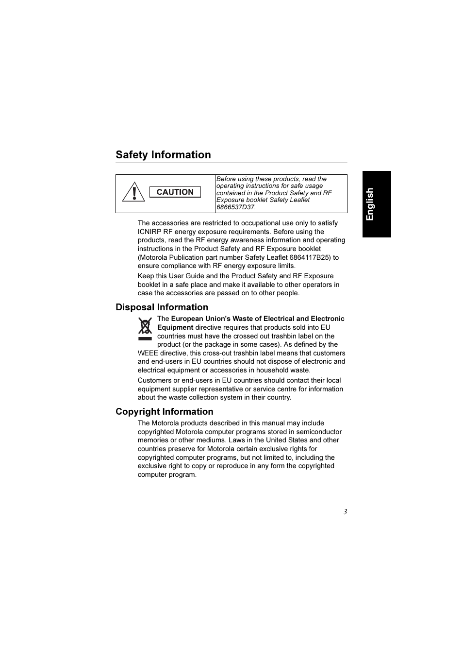 Safety information, Disposal information, Copyright information | Motorola TETRA MTM800 User Manual | Page 5 / 168