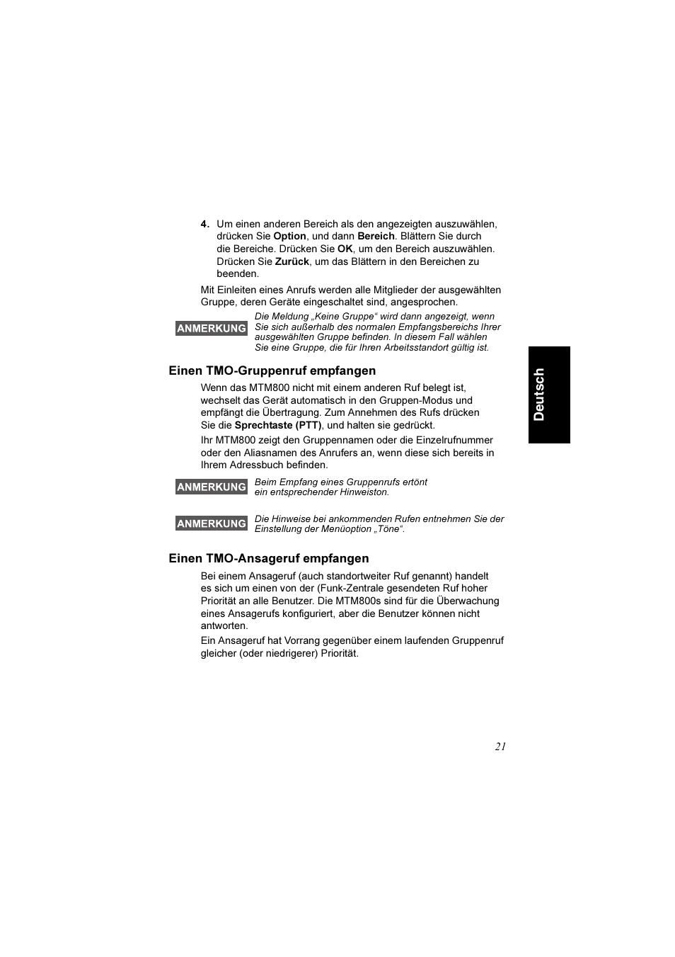 Einen tmo-gruppenruf empfangen, Einen tmo-ansageruf empfangen, De uts c h | Motorola TETRA MTM800 User Manual | Page 53 / 168