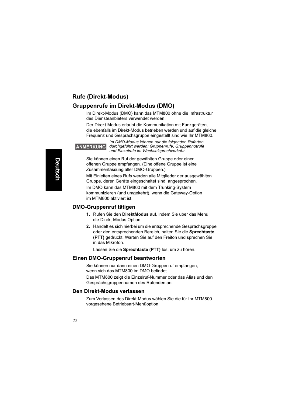 Rufe (direkt-modus), Gruppenrufe im direkt-modus (dmo), Dmo-gruppenruf tätigen | Einen dmo-gruppenruf beantworten, Den direkt-modus verlassen | Motorola TETRA MTM800 User Manual | Page 54 / 168