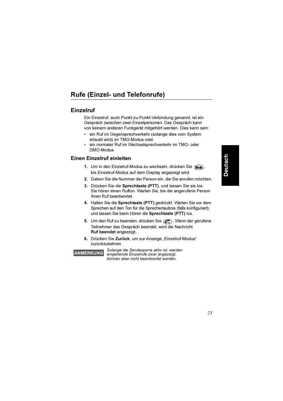 Rufe (einzel- und telefonrufe), Einzelruf, Einen einzelruf einleiten | De uts c h | Motorola TETRA MTM800 User Manual | Page 55 / 168