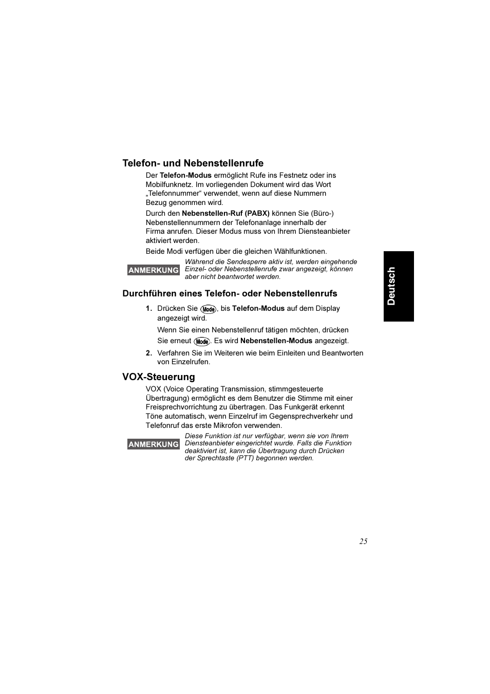 Telefon- und nebenstellenrufe, Durchführen eines telefon- oder nebenstellenrufs, Vox-steuerung | De uts c h telefon- und nebenstellenrufe | Motorola TETRA MTM800 User Manual | Page 57 / 168