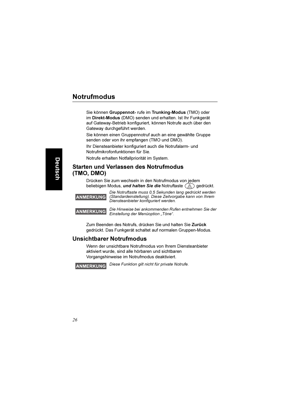 Notrufmodus, Starten und verlassen des notrufmodus (tmo, dmo), Unsichtbarer notrufmodus | Motorola TETRA MTM800 User Manual | Page 58 / 168