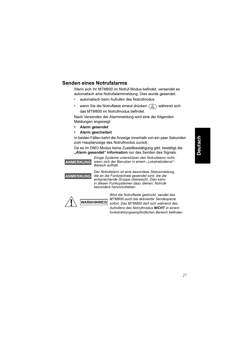 Senden eines notrufalarms, De uts c h senden eines notrufalarms | Motorola TETRA MTM800 User Manual | Page 59 / 168