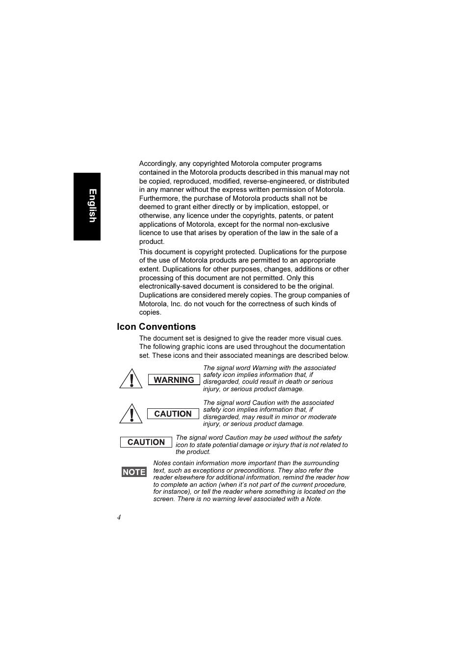 Icon conventions, Engli s h | Motorola TETRA MTM800 User Manual | Page 6 / 168