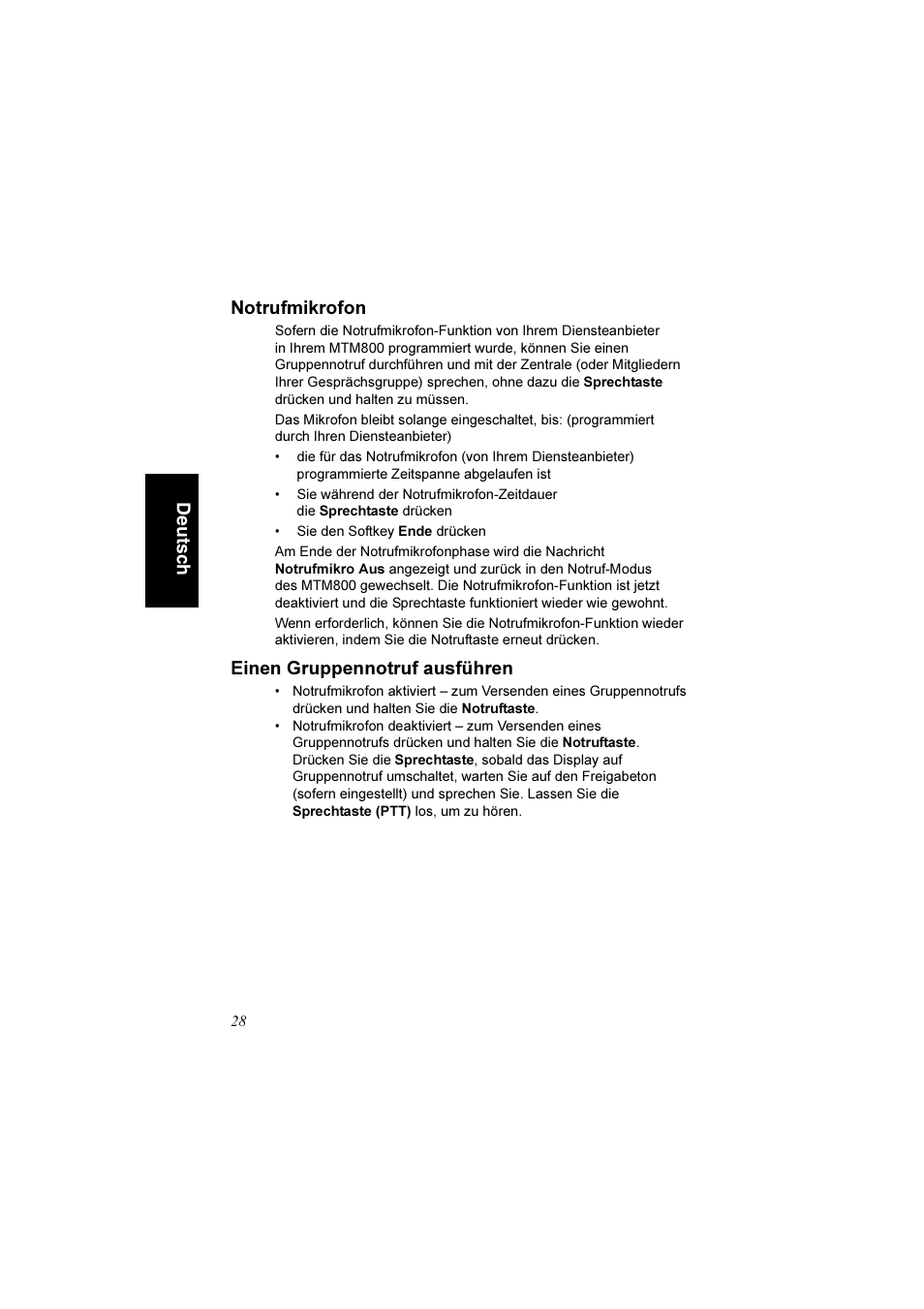 Notrufmikrofon, Einen gruppennotruf ausführen, Notrufmikrofon einen gruppennotruf ausführen | De uts c h notrufmikrofon | Motorola TETRA MTM800 User Manual | Page 60 / 168