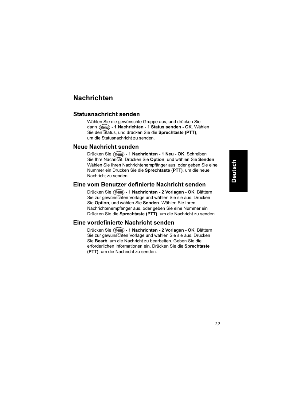 Nachrichten, Statusnachricht senden, Neue nachricht senden | Eine vom benutzer definierte nachricht senden, Eine vordefinierte nachricht senden | Motorola TETRA MTM800 User Manual | Page 61 / 168