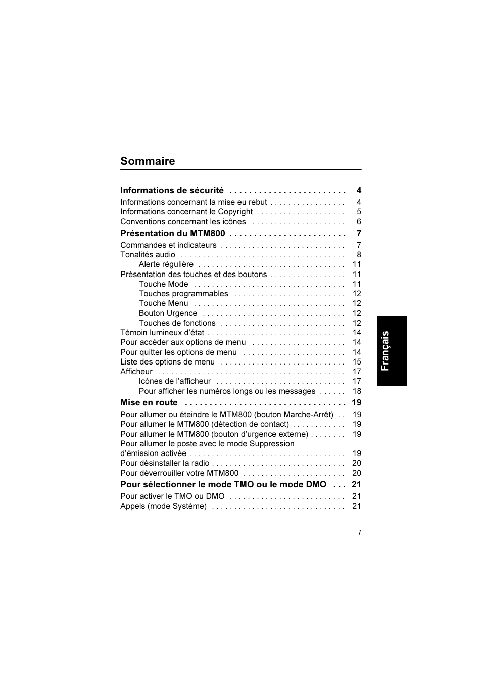 Français, Sommaire | Motorola TETRA MTM800 User Manual | Page 67 / 168