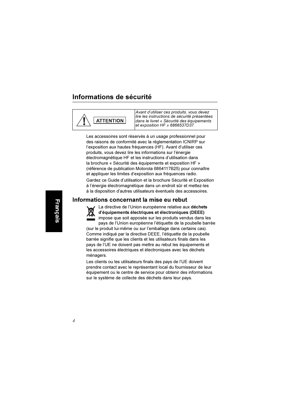 Informations de sécurité, Informations concernant la mise eu rebut | Motorola TETRA MTM800 User Manual | Page 70 / 168