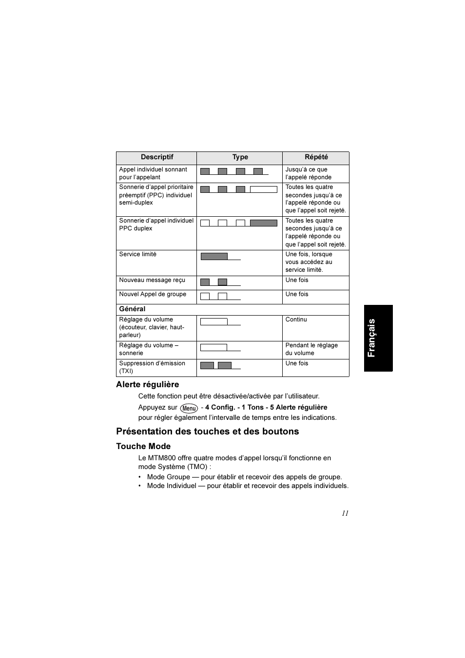 Alerte régulière, Présentation des touches et des boutons, Touche mode | França is | Motorola TETRA MTM800 User Manual | Page 77 / 168