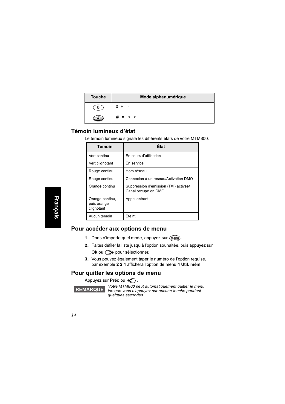 Témoin lumineux d’état, Pour accéder aux options de menu, Pour quitter les options de menu | Fr an ça is témoin lumineux d’état | Motorola TETRA MTM800 User Manual | Page 80 / 168