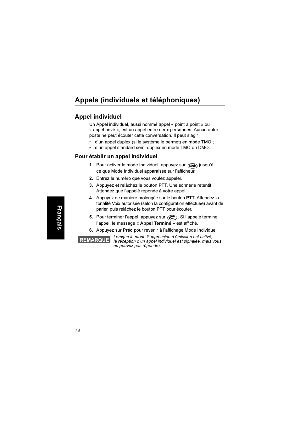 Appels (individuels et téléphoniques), Appel individuel, Pour établir un appel individuel | Fr an ça is | Motorola TETRA MTM800 User Manual | Page 90 / 168