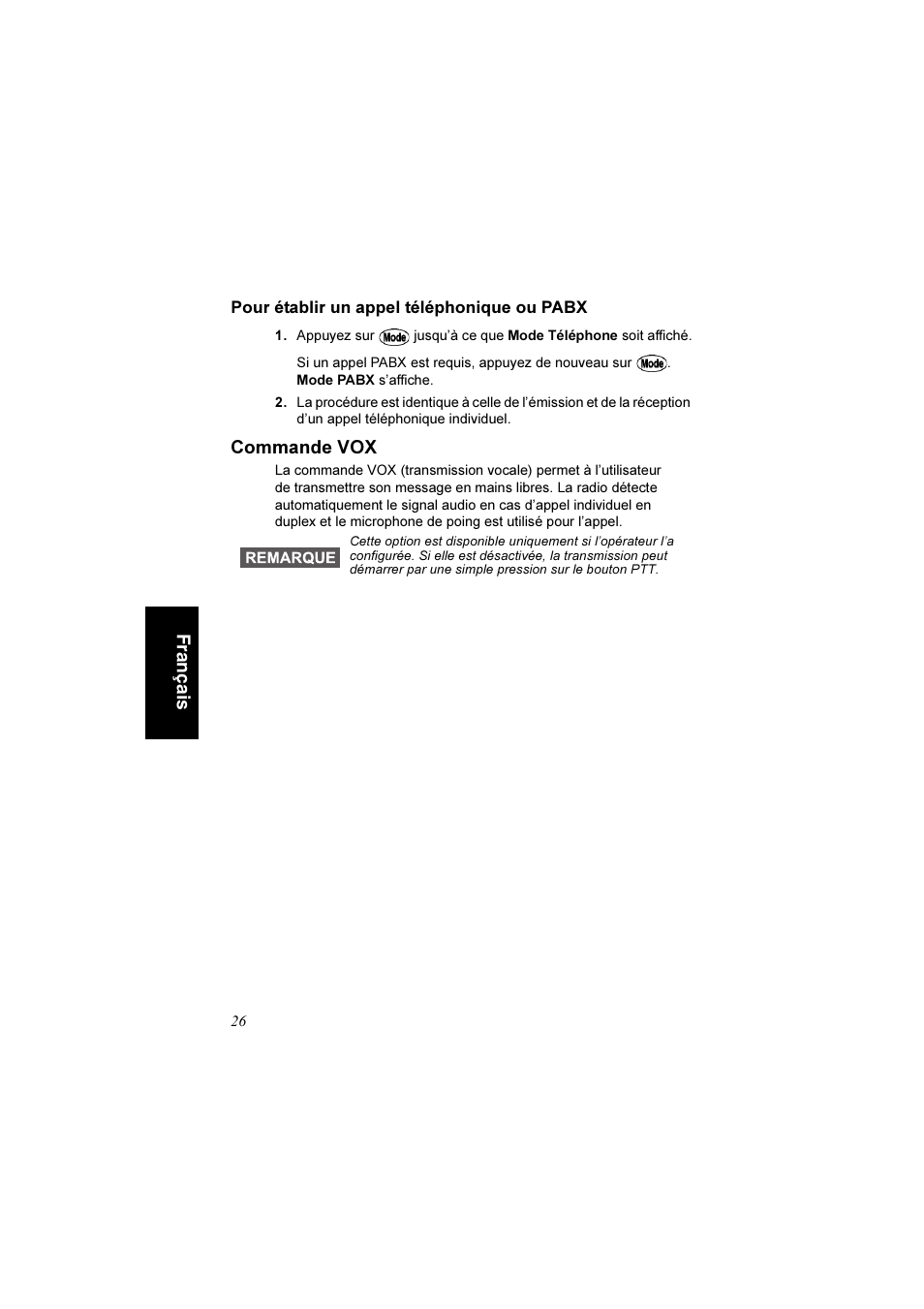 Pour établir un appel téléphonique ou pabx, Commande vox, Fr an ça is | Motorola TETRA MTM800 User Manual | Page 92 / 168