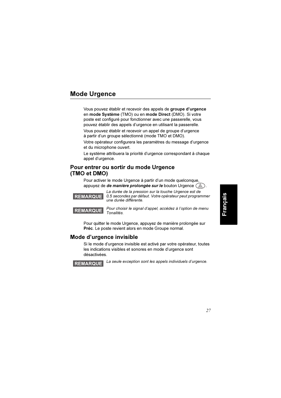 Mode urgence, Pour entrer ou sortir du mode urgence (tmo et dmo), Mode d’urgence invisible | Motorola TETRA MTM800 User Manual | Page 93 / 168