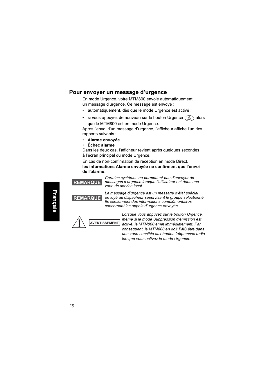 Pour envoyer un message d’urgence, Fr an ça is pour envoyer un message d’urgence | Motorola TETRA MTM800 User Manual | Page 94 / 168