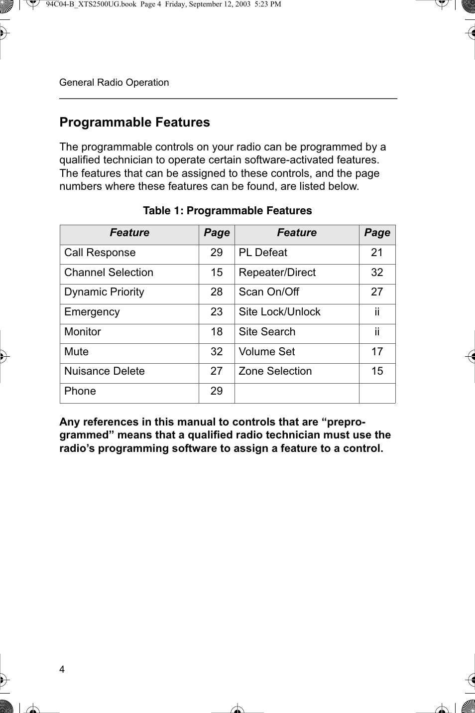 Programmable features | Motorola XTSTM 1500 User Manual | Page 14 / 66