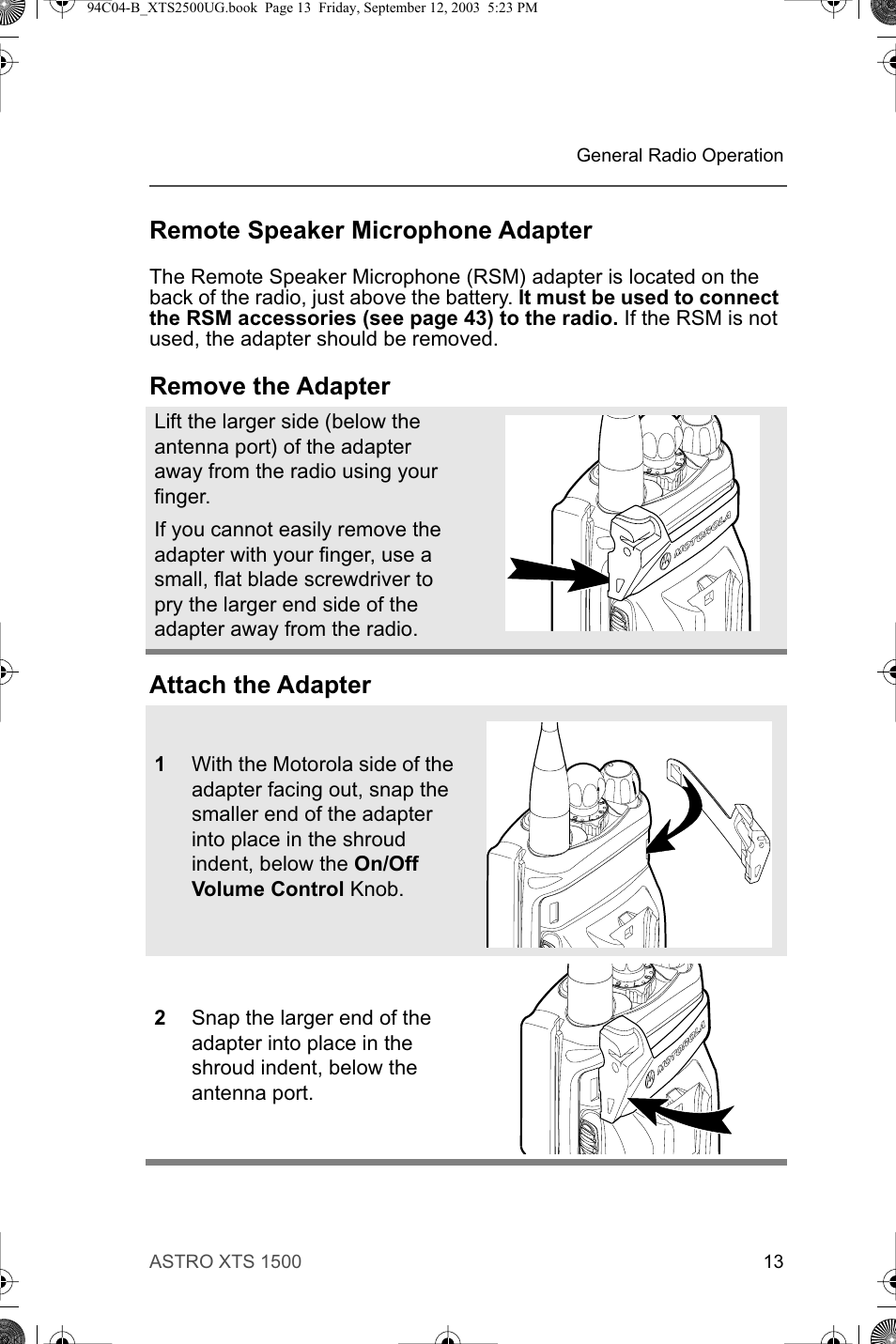 Remote speaker microphone adapter, Remove the adapter attach the adapter | Motorola XTSTM 1500 User Manual | Page 23 / 66