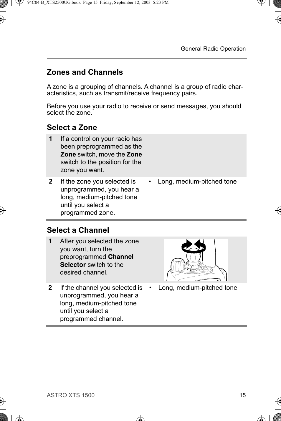 Zones and channels, Select a zone select a channel | Motorola XTSTM 1500 User Manual | Page 25 / 66