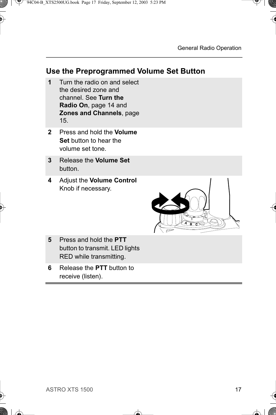 Use the preprogrammed volume set button | Motorola XTSTM 1500 User Manual | Page 27 / 66