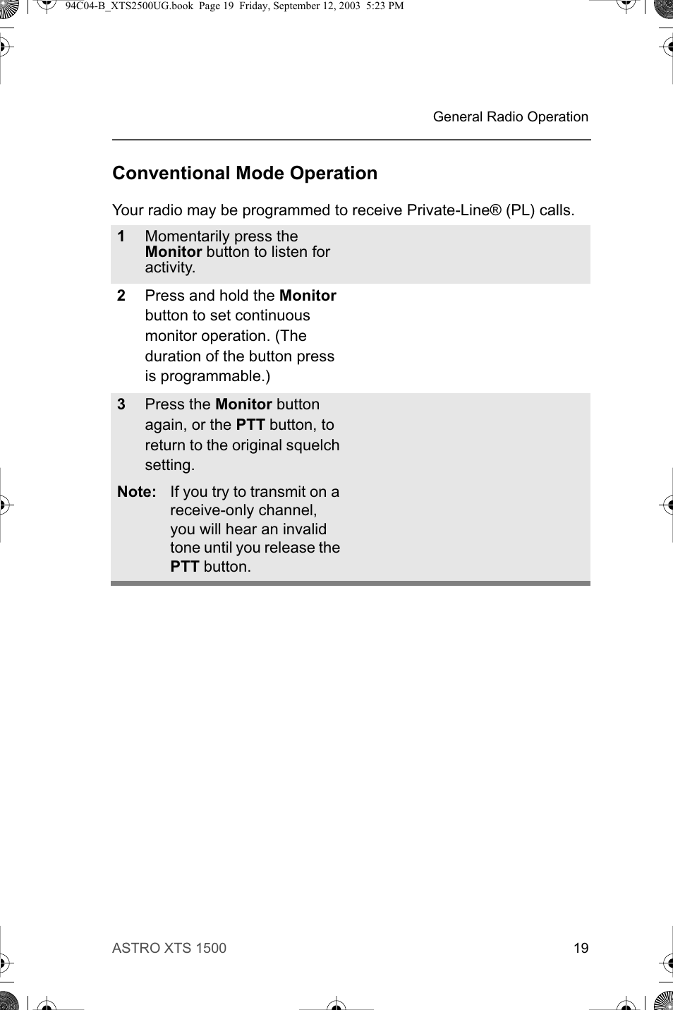 Conventional mode operation | Motorola XTSTM 1500 User Manual | Page 29 / 66