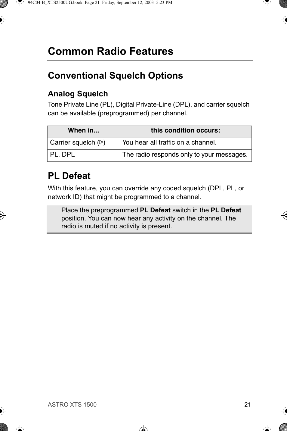 Common radio features, Conventional squelch options, Pl defeat | Motorola XTSTM 1500 User Manual | Page 31 / 66