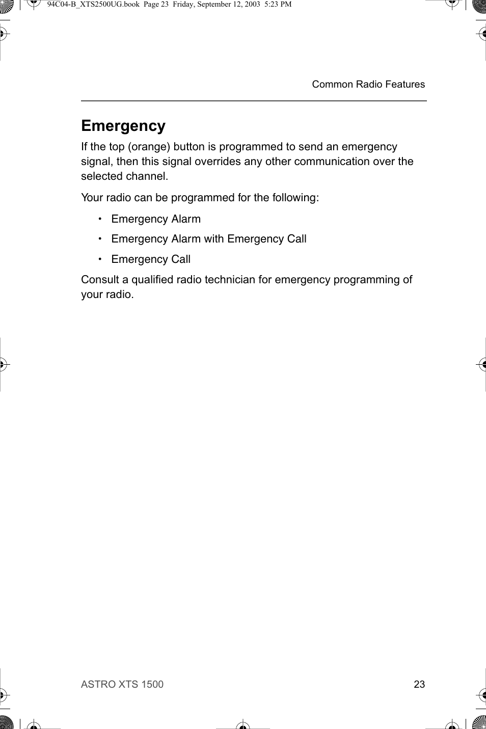 Emergency | Motorola XTSTM 1500 User Manual | Page 33 / 66