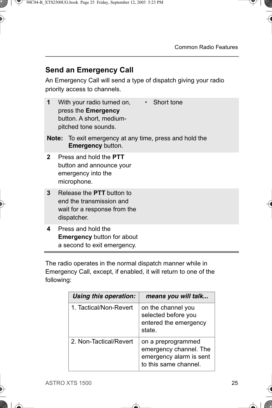 Send an emergency call | Motorola XTSTM 1500 User Manual | Page 35 / 66