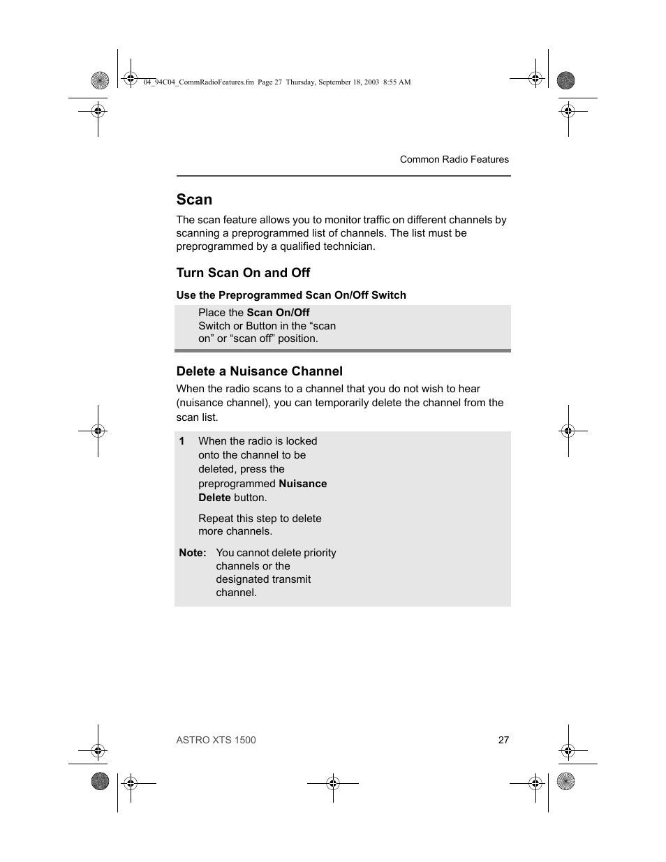 Scan, Turn scan on and off, Delete a nuisance channel | Motorola XTSTM 1500 User Manual | Page 37 / 66