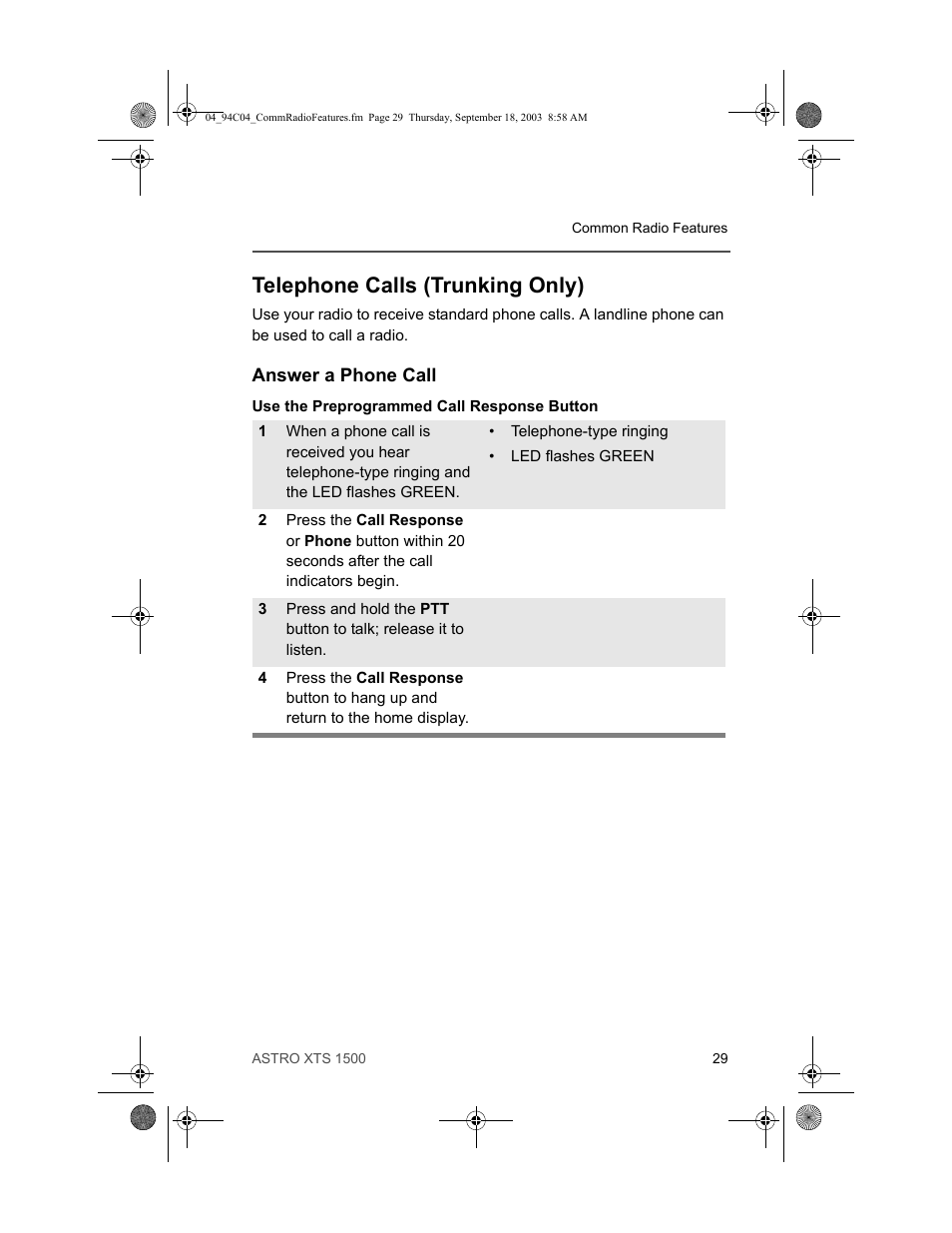 Telephone calls (trunking only), Answer a phone call | Motorola XTSTM 1500 User Manual | Page 39 / 66