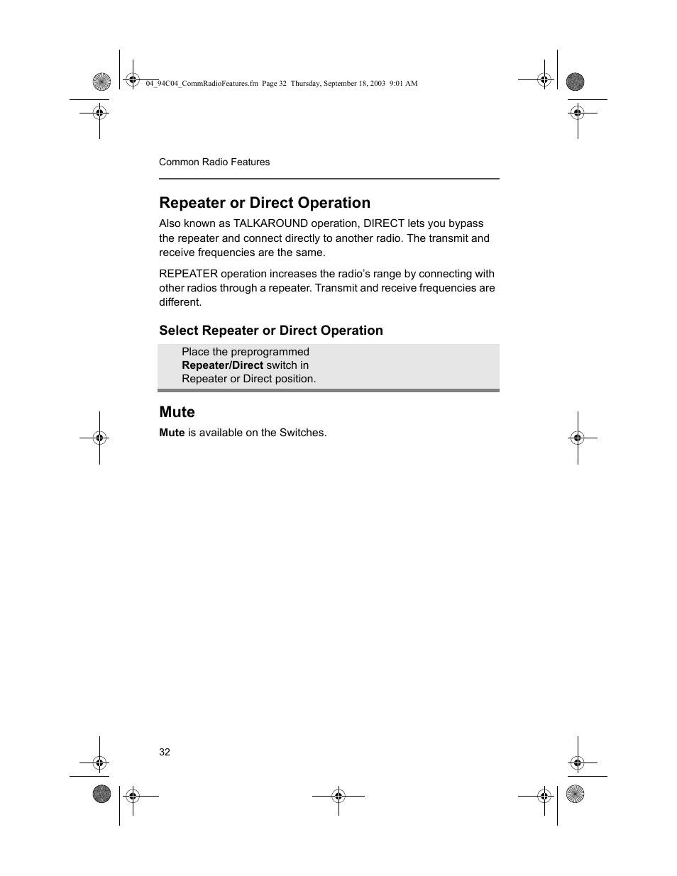 Repeater or direct operation, Mute, Select repeater or direct operation | Motorola XTSTM 1500 User Manual | Page 42 / 66