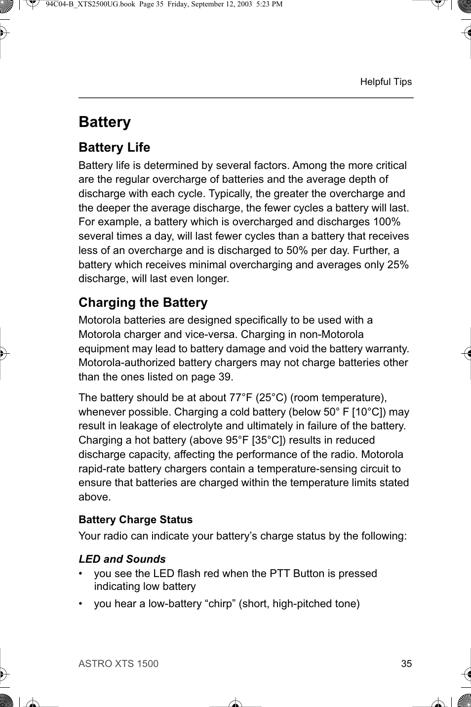 Battery, Battery life, Charging the battery | Motorola XTSTM 1500 User Manual | Page 45 / 66