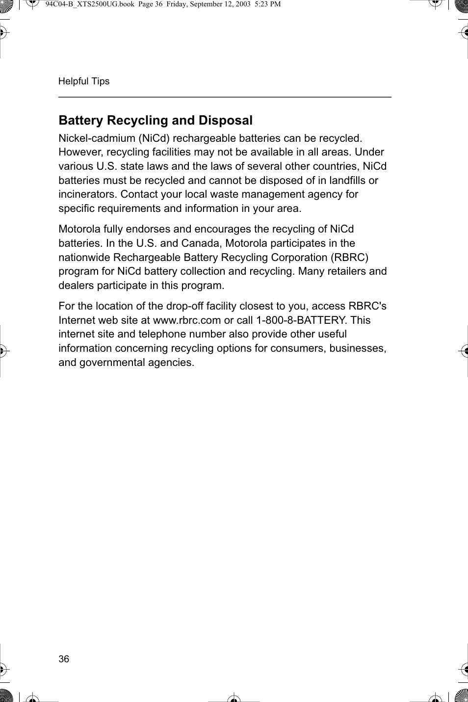 Battery recycling and disposal | Motorola XTSTM 1500 User Manual | Page 46 / 66