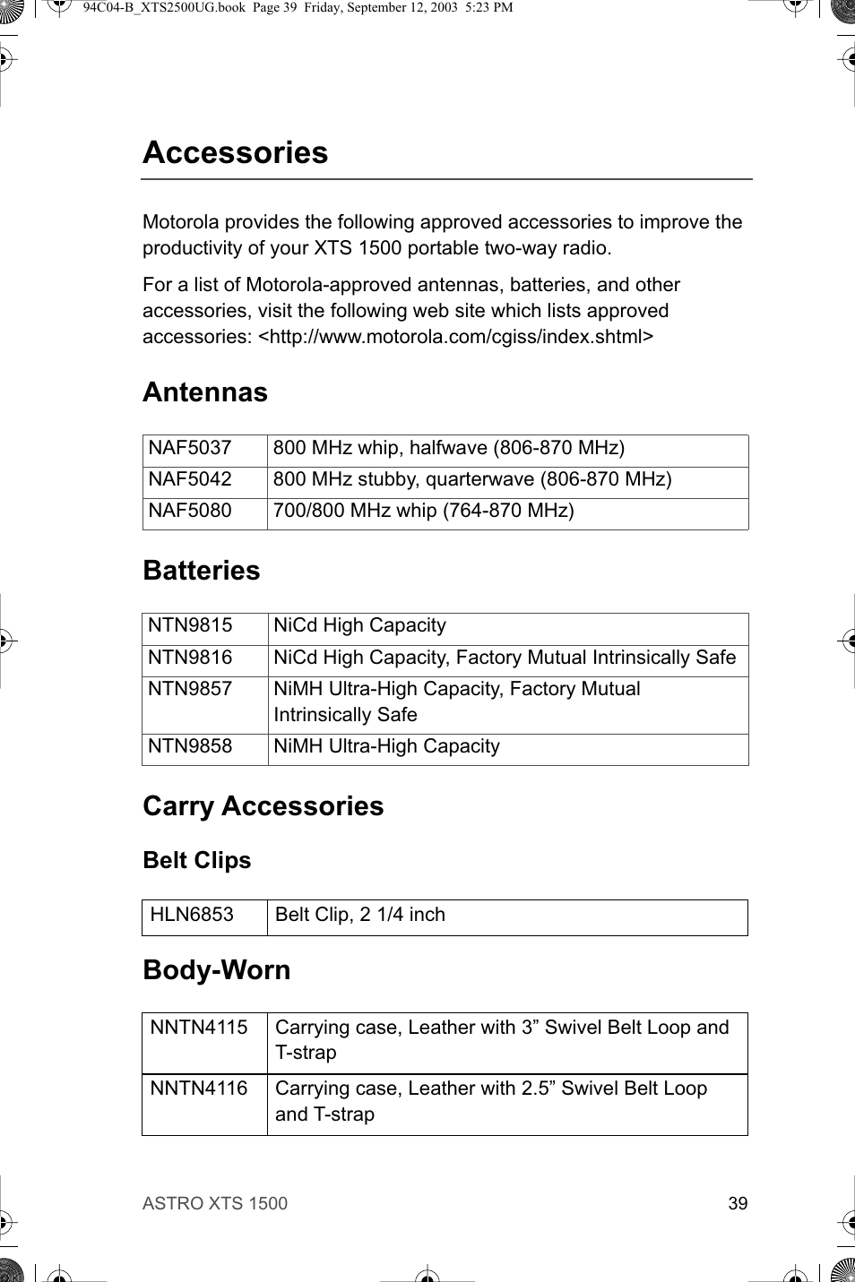 Accessories, Antennas batteries carry accessories, Body-worn | Motorola XTSTM 1500 User Manual | Page 49 / 66