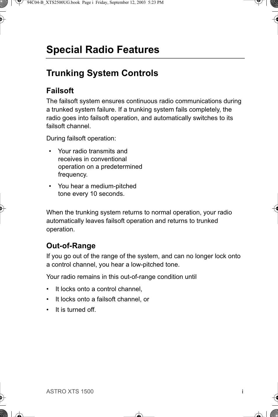 Special radio features, Trunking system controls | Motorola XTSTM 1500 User Manual | Page 5 / 66