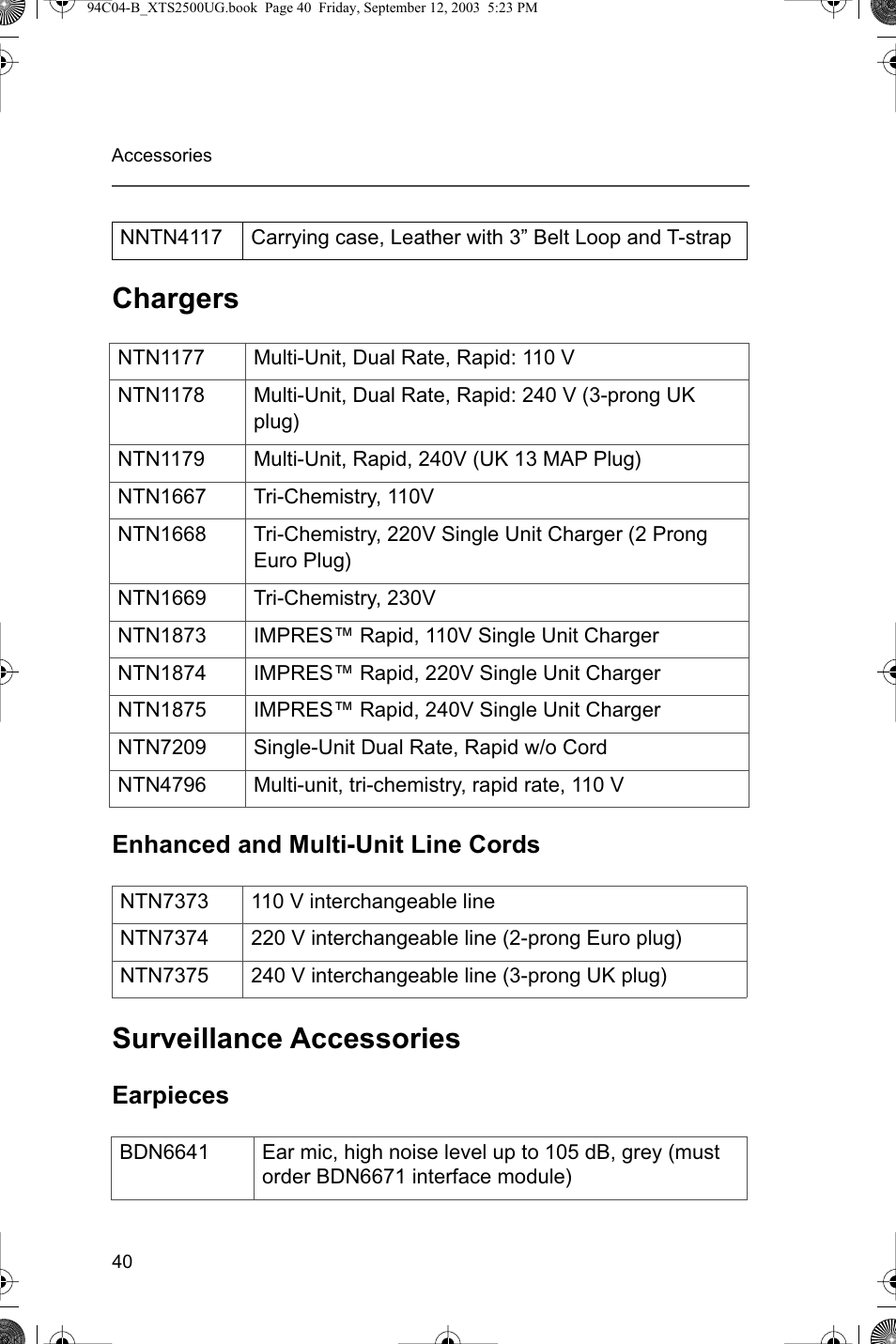 Chargers, Surveillance accessories, Enhanced and multi-unit line cords | Earpieces | Motorola XTSTM 1500 User Manual | Page 50 / 66