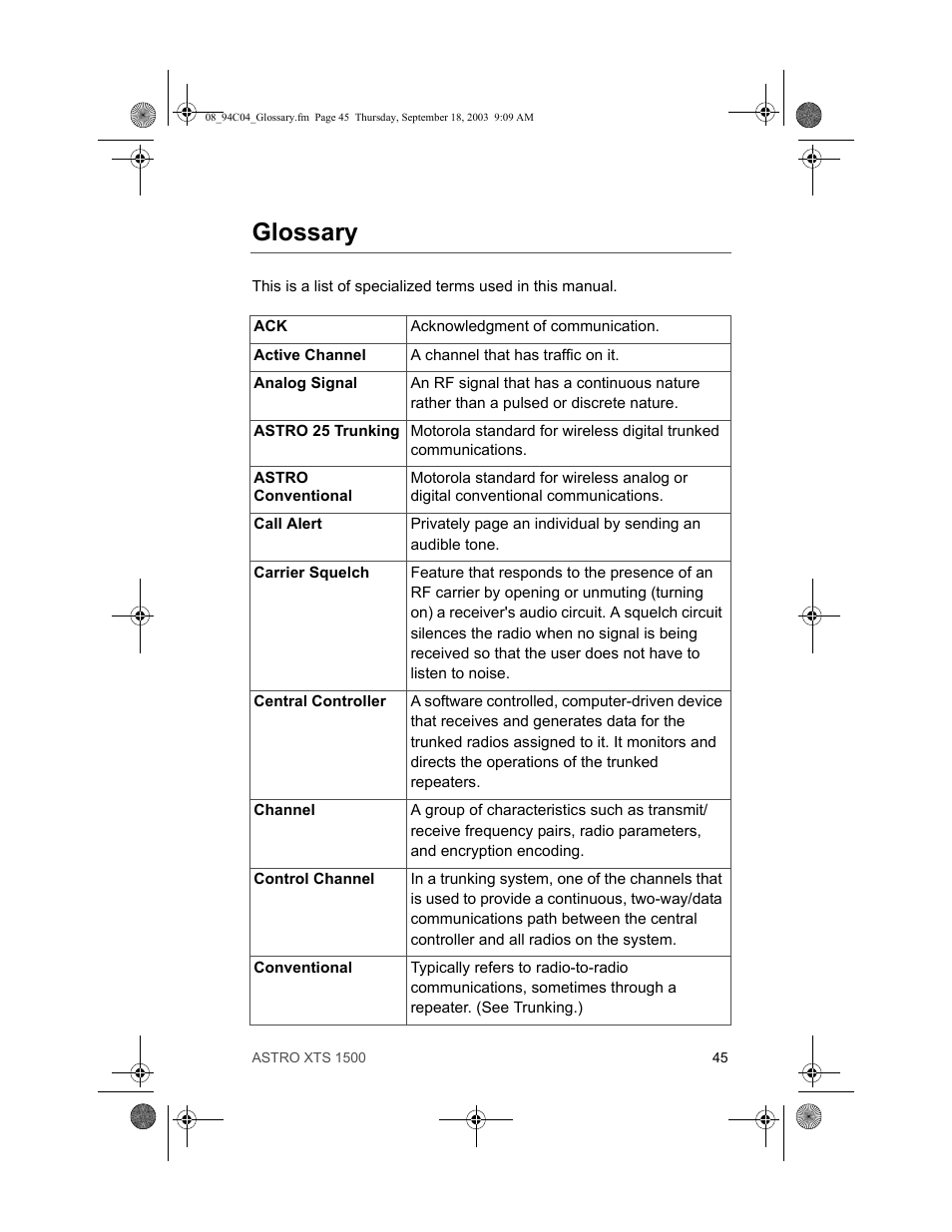 Glossary | Motorola XTSTM 1500 User Manual | Page 55 / 66