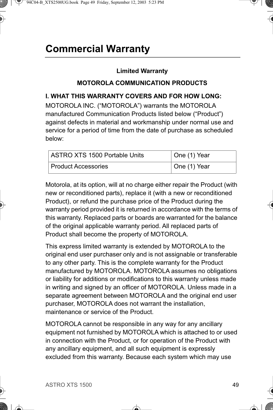 Commercial warranty | Motorola XTSTM 1500 User Manual | Page 59 / 66