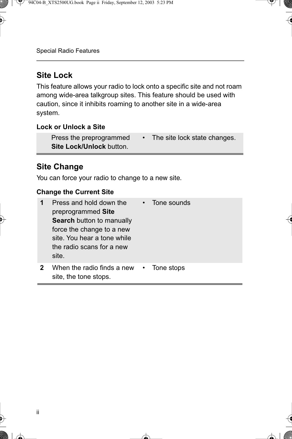 Site lock, Site change | Motorola XTSTM 1500 User Manual | Page 6 / 66