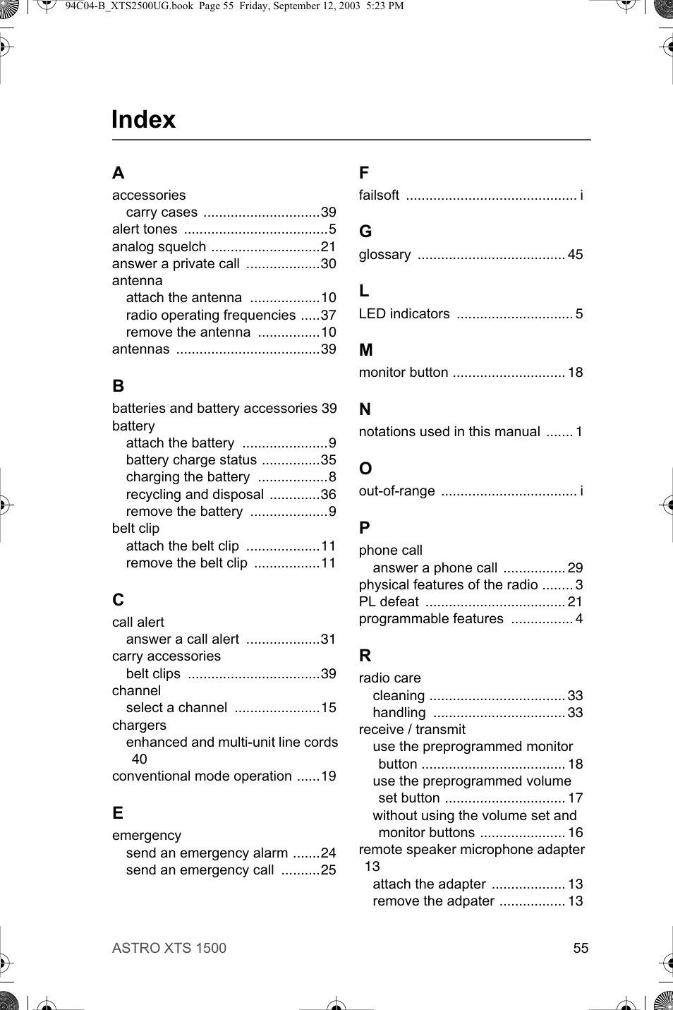 Index | Motorola XTSTM 1500 User Manual | Page 65 / 66