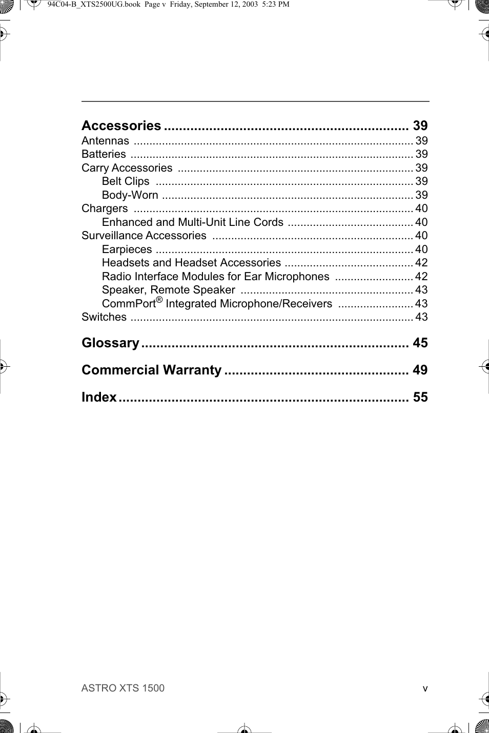 Accessories, Glossary commercial warranty index | Motorola XTSTM 1500 User Manual | Page 9 / 66