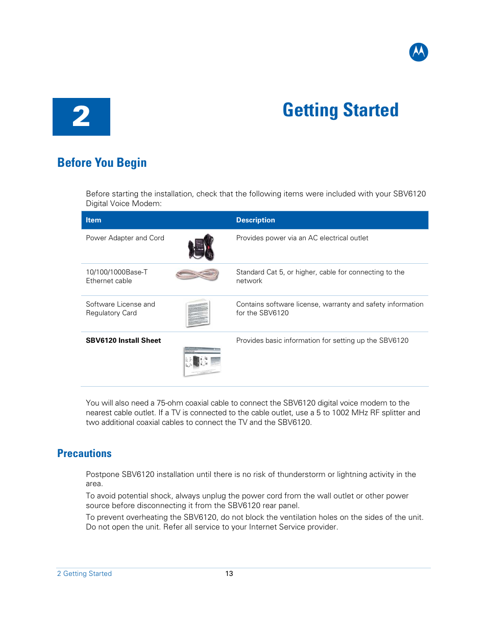 Getting started, Before you begin, Precautions | Motorola SBV6120E User Manual | Page 13 / 27