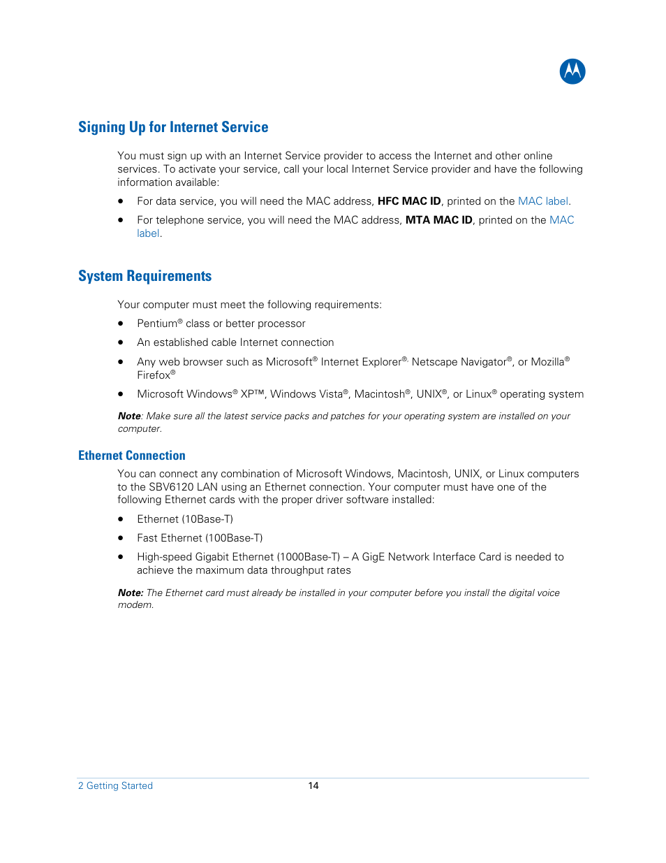 Signing up for internet service, System requirements, Ethernet connection | Motorola SBV6120E User Manual | Page 14 / 27