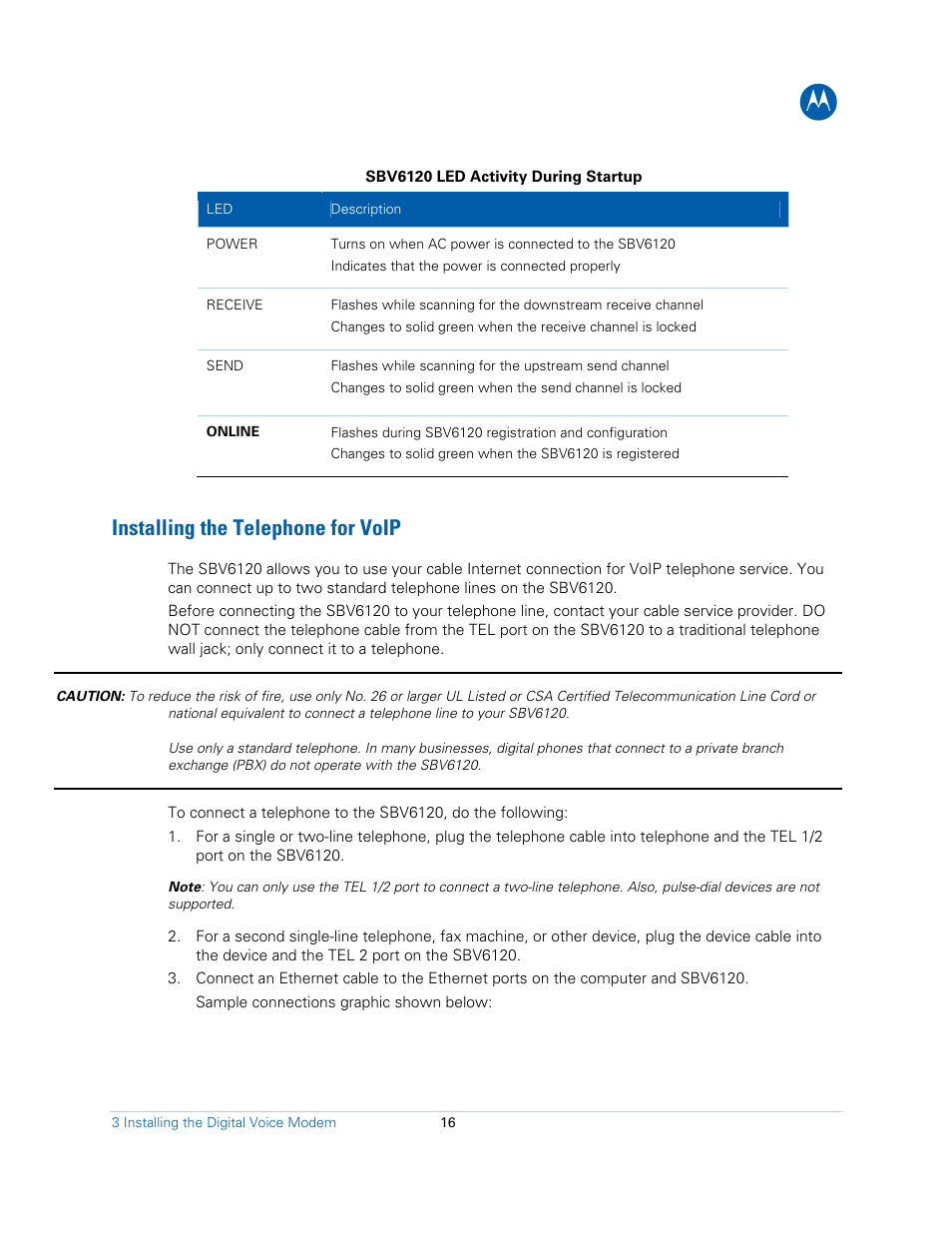 Installing the telephone for voip | Motorola SBV6120E User Manual | Page 16 / 27