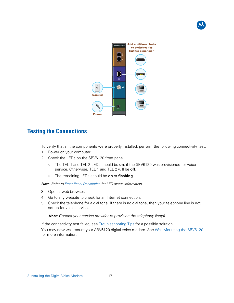 Testing the connections | Motorola SBV6120E User Manual | Page 17 / 27