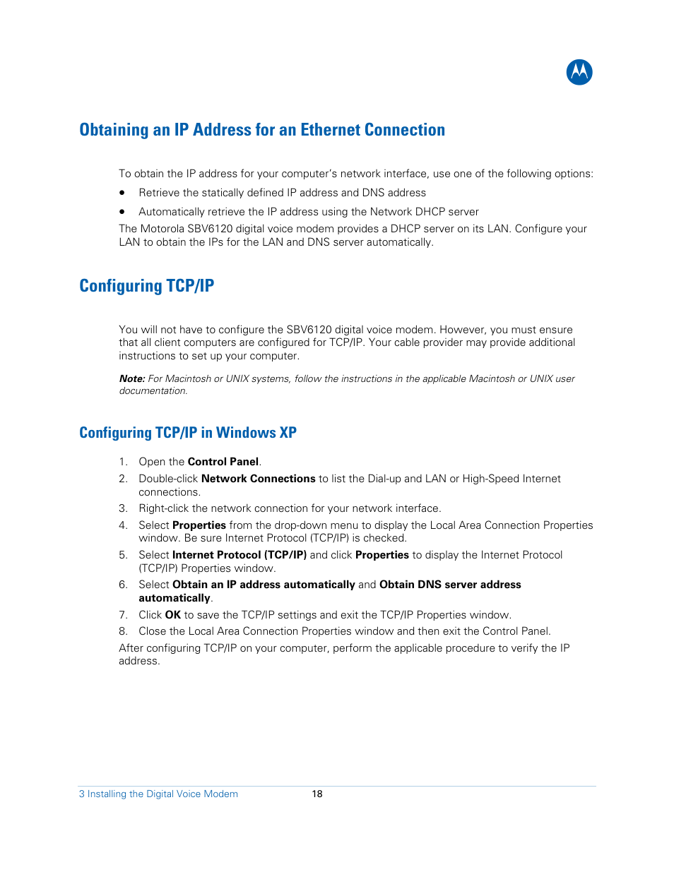 Obtaining an ip address for an ethernet connection, Configuring tcp/ip, Configuring tcp/ip in windows xp | Motorola SBV6120E User Manual | Page 18 / 27