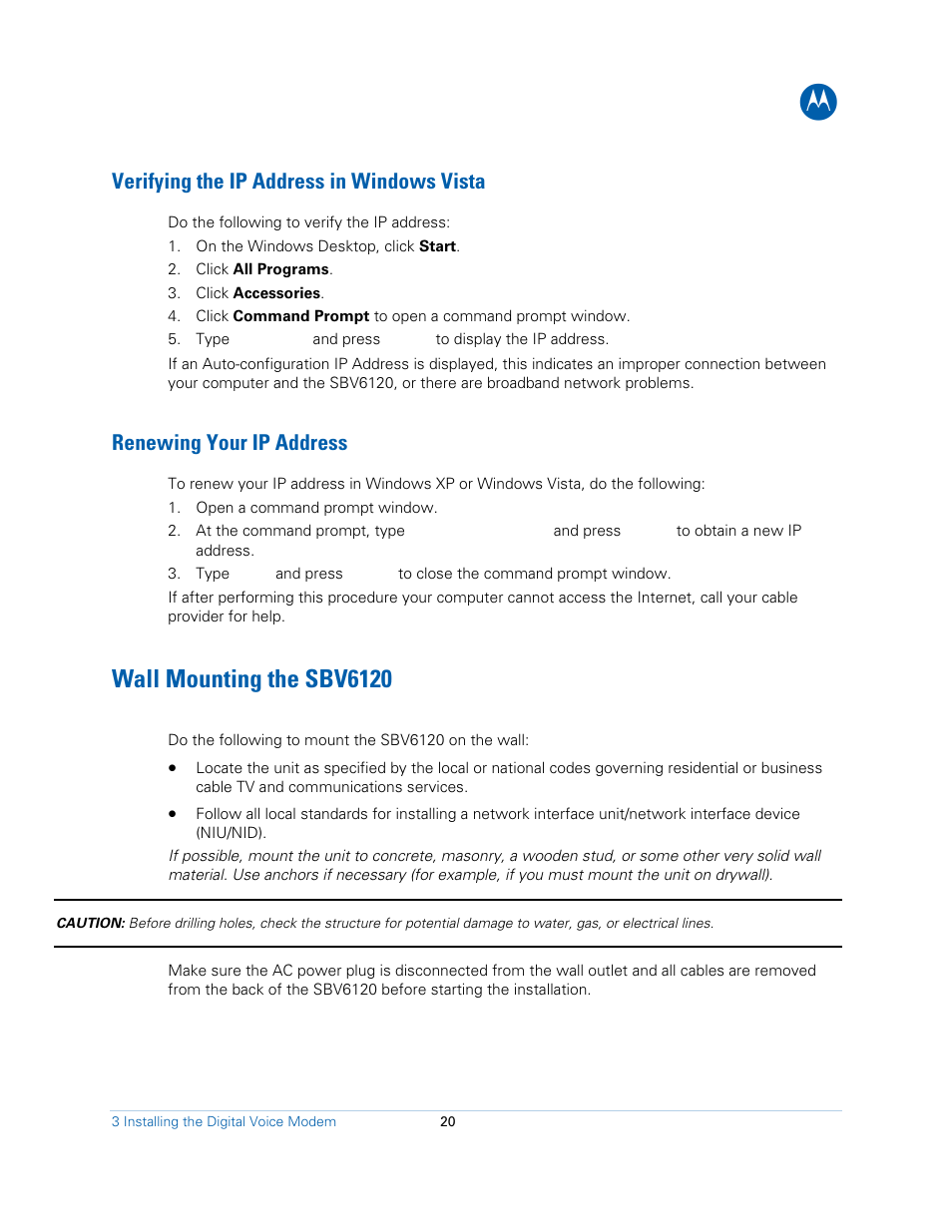 Verifying the ip address in windows vista, Renewing your ip address, Wall mounting the sbv6120 | Motorola SBV6120E User Manual | Page 20 / 27