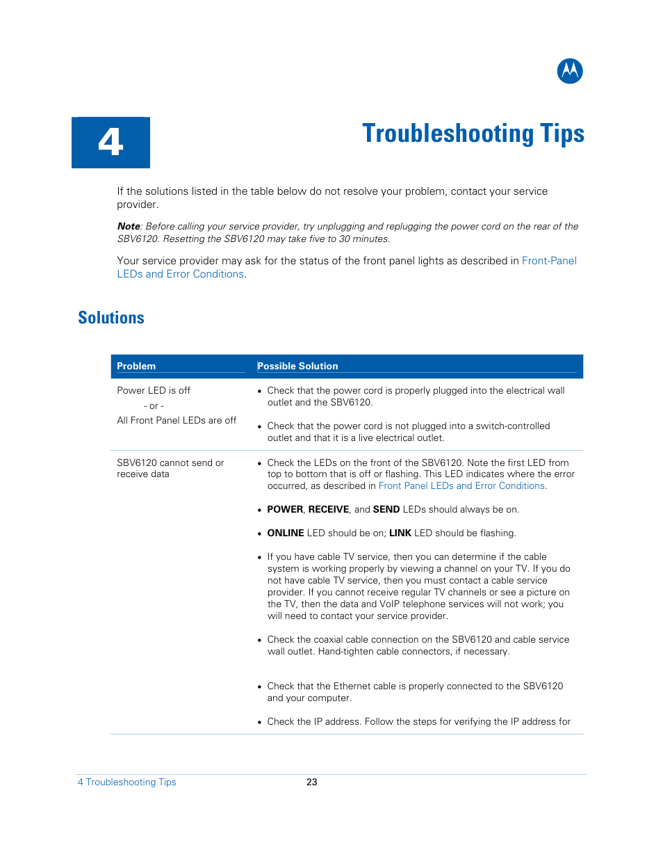 Troubleshooting tips, Solutions, Ed, see | Motorola SBV6120E User Manual | Page 23 / 27