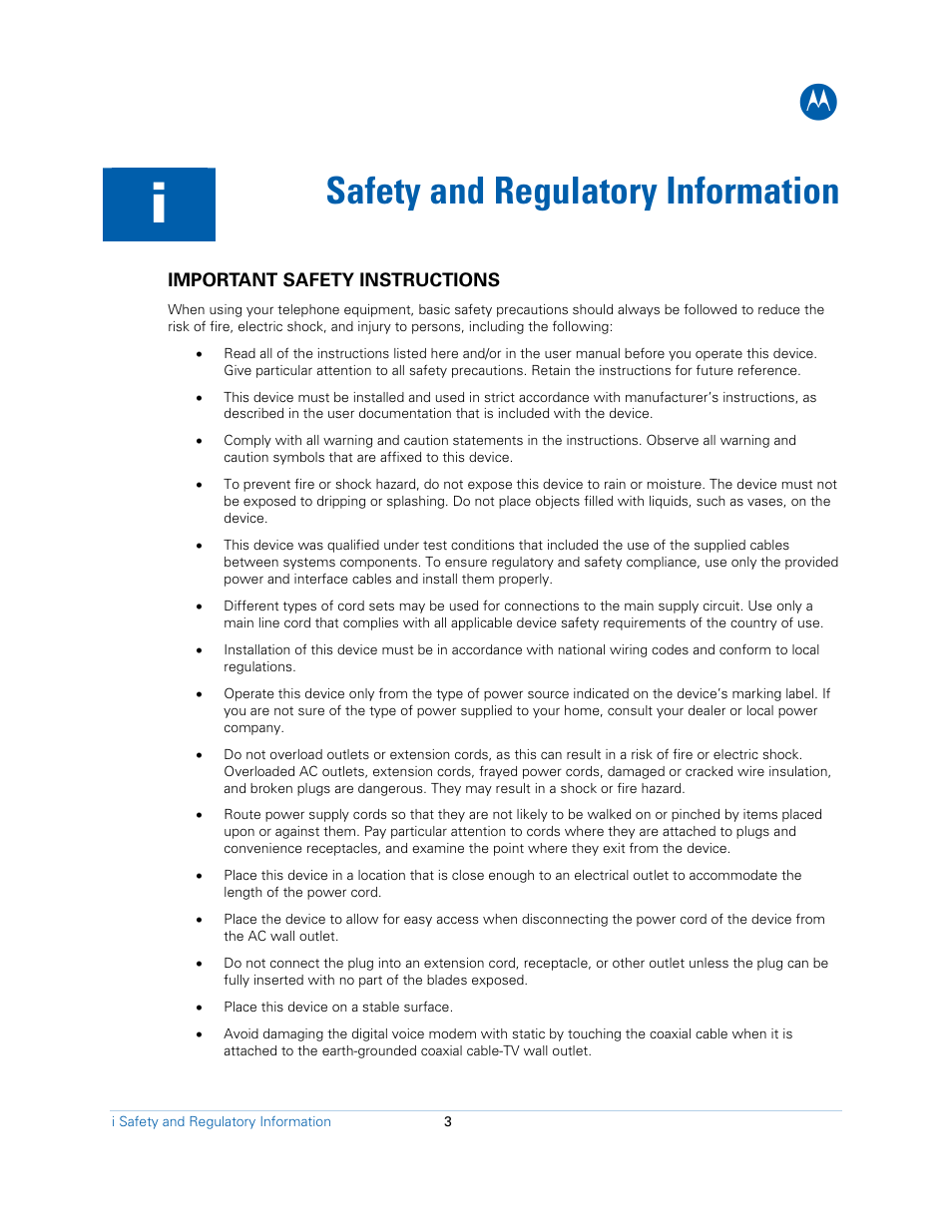 Safety and regulatory information | Motorola SBV6120E User Manual | Page 3 / 27