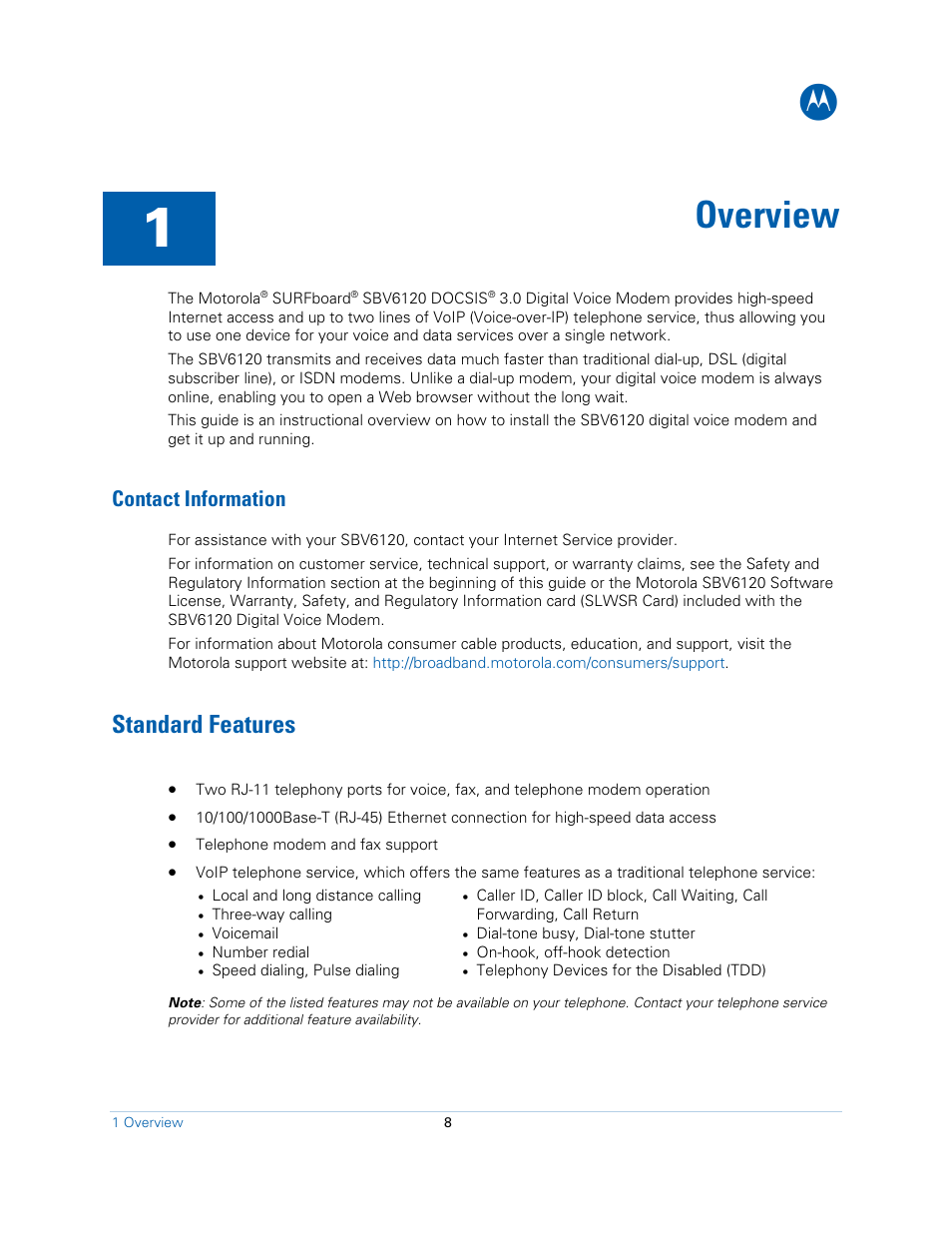 Overview, Contact information, Standard features | Motorola SBV6120E User Manual | Page 8 / 27